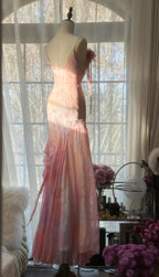 Fairytale Pink Mermaid Spaghetti Strap Beaded Ruffle Chiffon Prom Dress