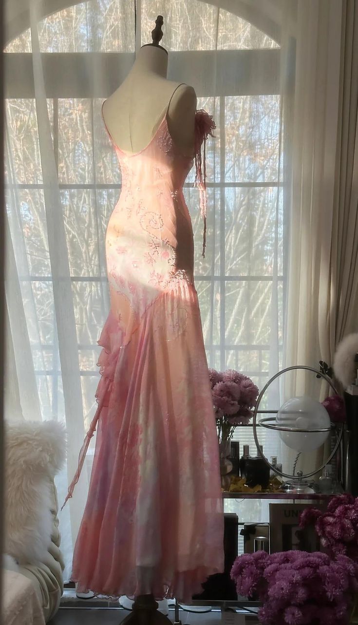 Fairytale Pink Mermaid Spaghetti Strap Beaded Ruffle Chiffon Prom Dress