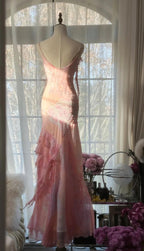Fairytale Pink Mermaid Spaghetti Strap Beaded Ruffle Chiffon Prom Dress