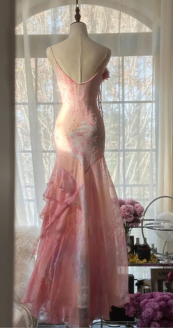 Fairytale Pink Mermaid Spaghetti Strap Beaded Ruffle Chiffon Prom Dress