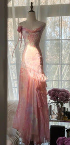 Fairytale Pink Mermaid Spaghetti Strap Beaded Ruffle Chiffon Prom Dress