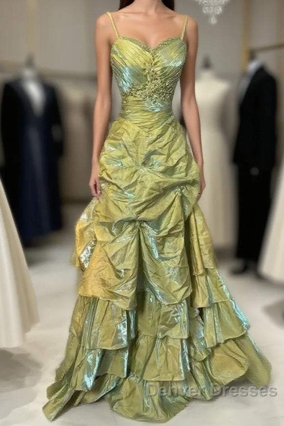 Fairytale Sage A-Line Mask Prom Dress Beaded Satin Evening Gown For Birthady&Graduation