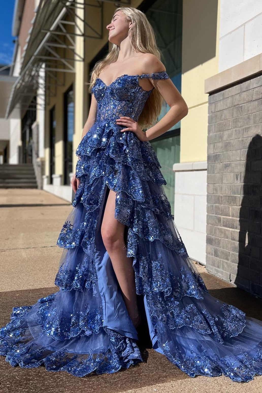 Fairytale Sequin-Embroidery Off-The-Shoulder Tiered Long Prom Dress With Slit Secondary image
