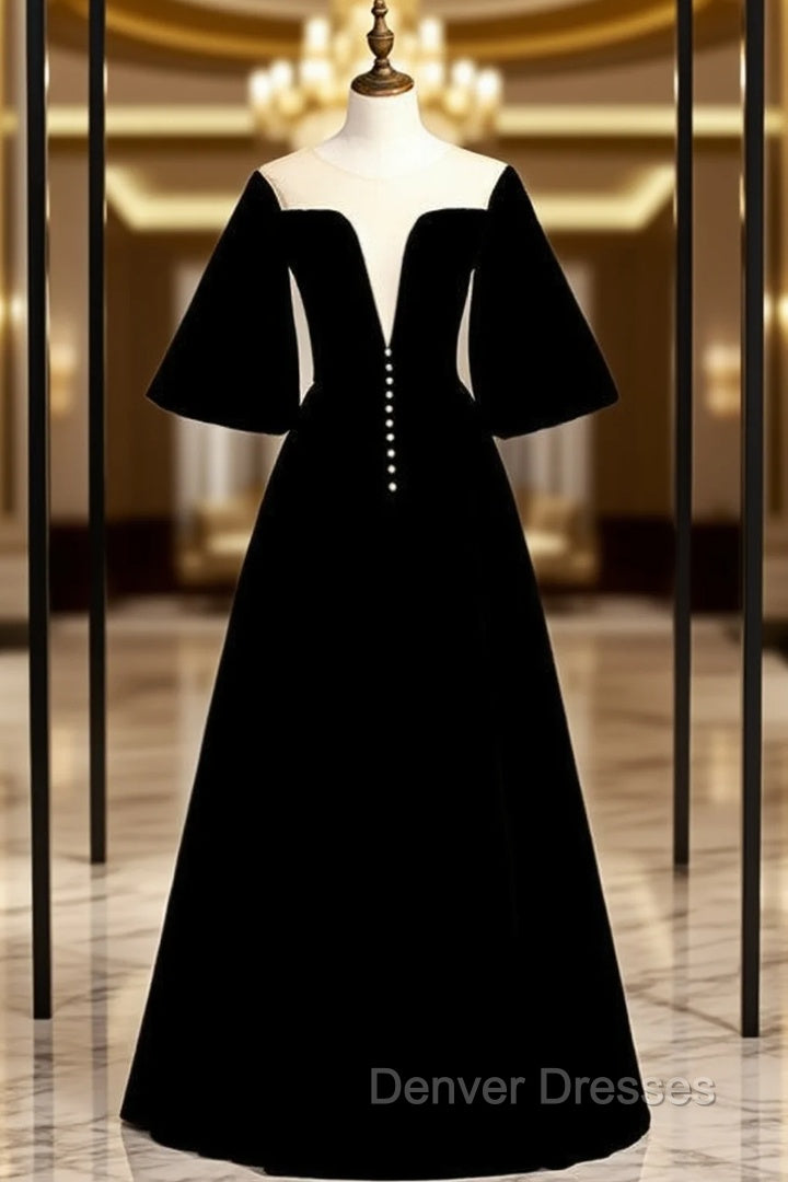 Fancy Black Velvet Horn Sleeve Illusion Prom Dress Main image