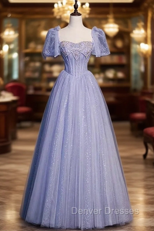 Fancy Blue Tulle Sequins Puff Sleeve Beading Prom Dress