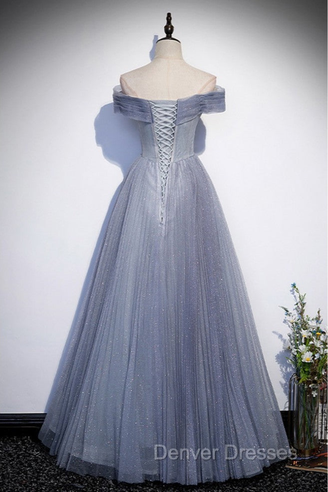 Fantasy Dusty Blue Bling Tulle Prom Dress Off Shoulder With Bling Secondary image