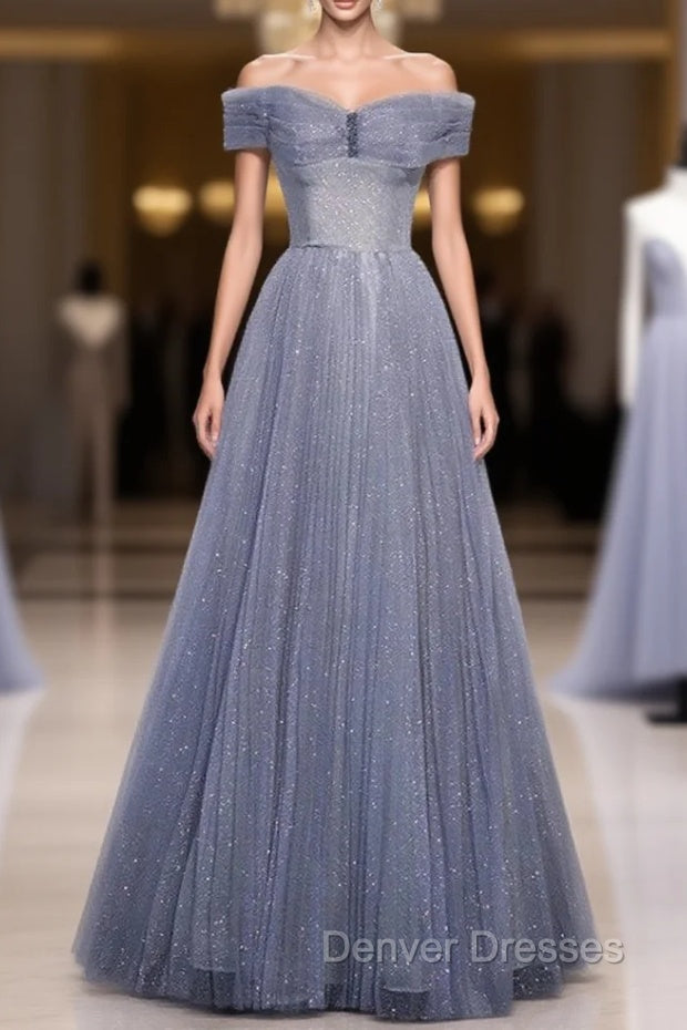 Fantasy Dusty Blue Bling Tulle Prom Dress Off Shoulder With Bling Main image