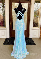 Fantasy Prom Dress, Sheath/Column V Neck Spaghetti Straps Sweep Train Sequined Prom Dress With Split