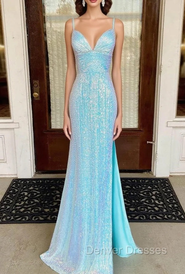 Fantasy Prom Dress, Sheath/Column V Neck Spaghetti Straps Sweep Train Sequined Prom Dress With Split Main image