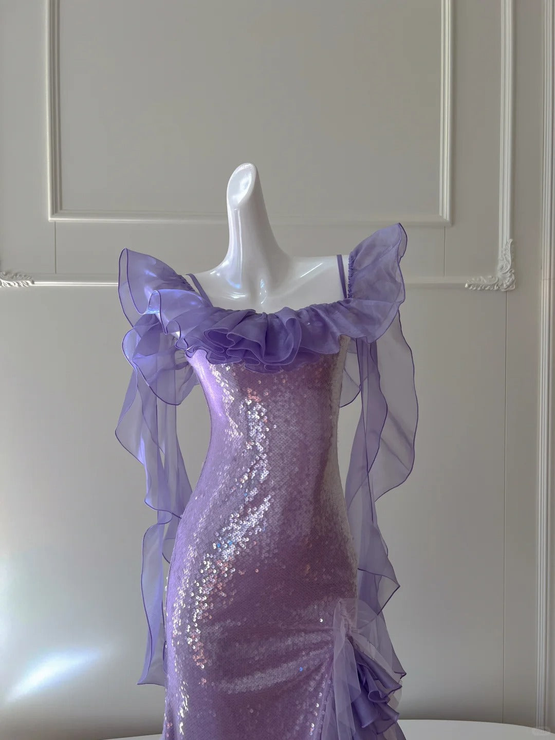Fantasy Purple Mermaid Ruffled Tulle Sequined Long Prom Dress Evening Dress