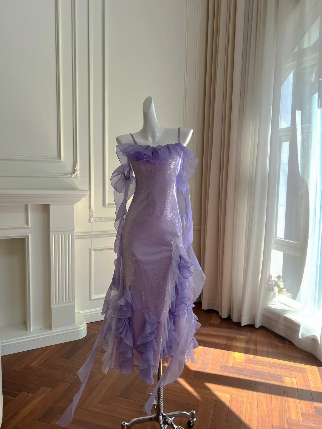Fantasy Purple Mermaid Ruffled Tulle Sequined Long Prom Dress Evening Dress Main image