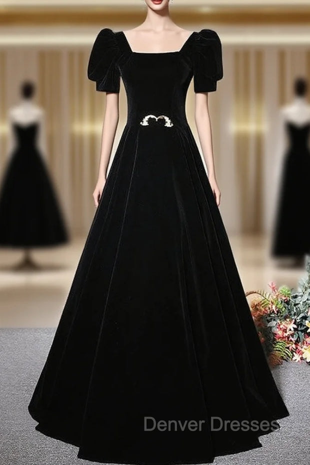 Fashion Black Velvet Short Sleeve Square Neck Prom Dress