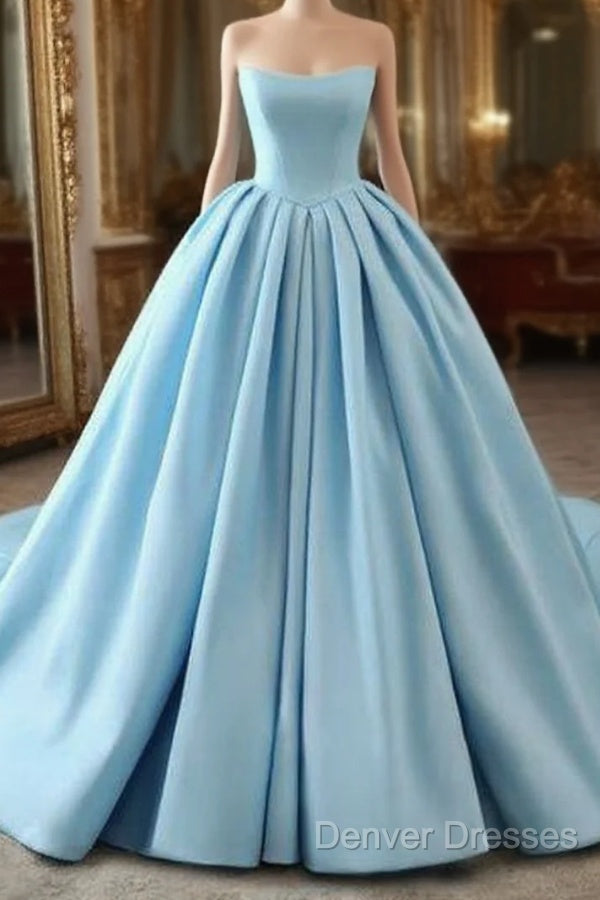 Fashion Blue Ball Gown Strapless Pleats Wedding Dress With Train Long Prom Evening Dress Formal Gown Main image