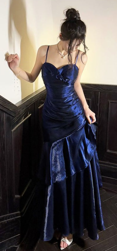 Fashion Burgundy Ruffle Long Prom Dress Spaghetti Straps Dance Dress