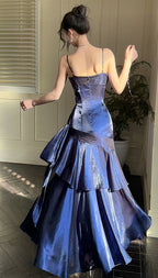 Fashion Burgundy Ruffle Long Prom Dress Spaghetti Straps Dance Dress