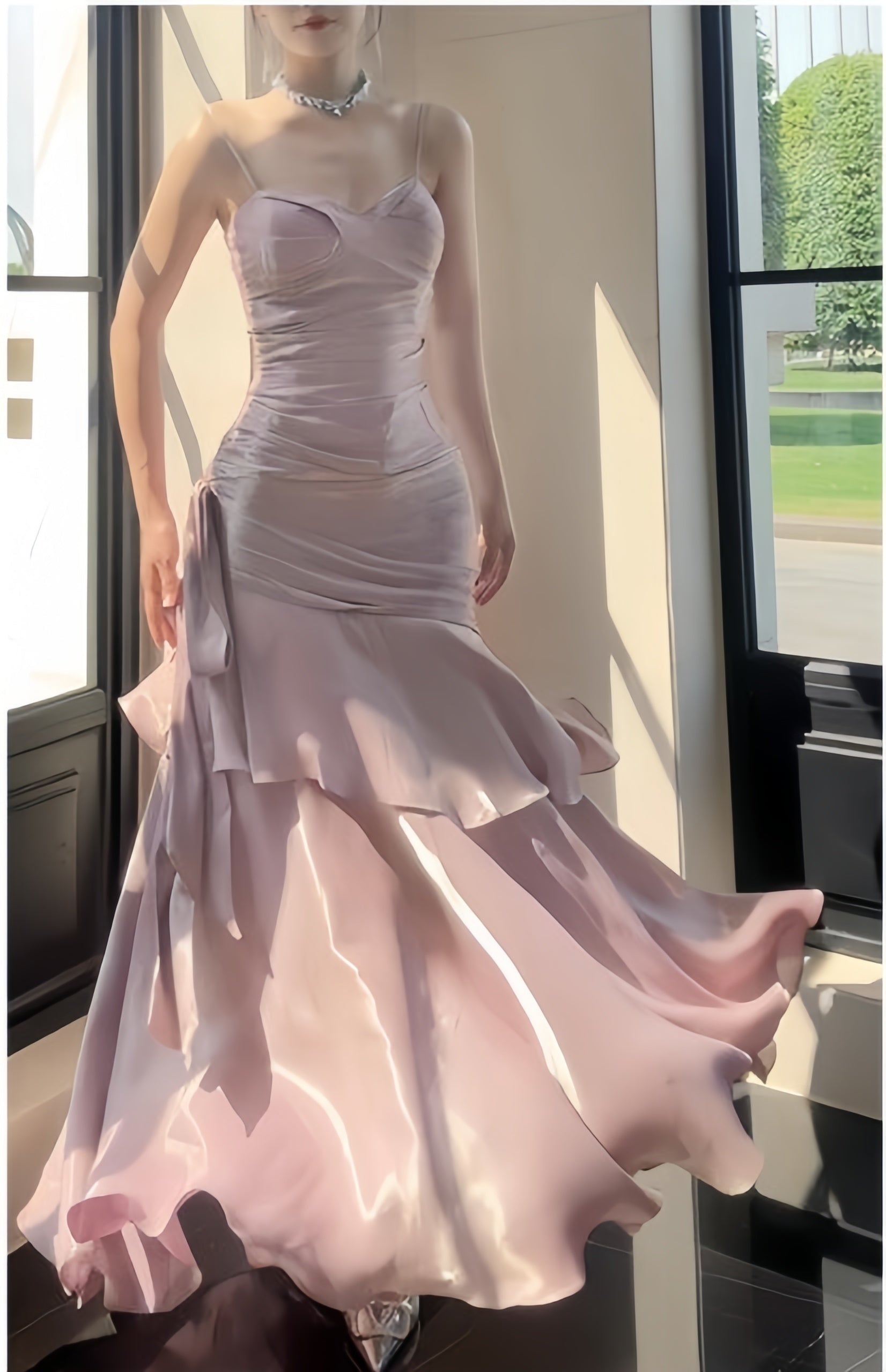 Fashion Burgundy Ruffle Long Prom Dress Spaghetti Straps Dance Dress