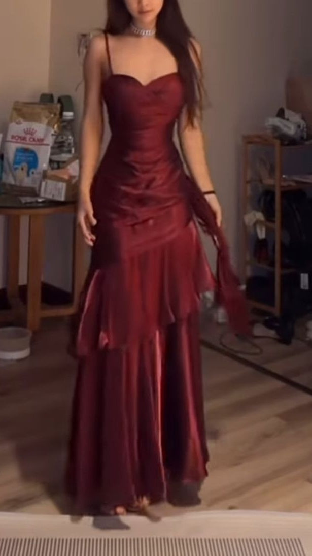 Fashion Burgundy Ruffle Long Prom Dress Spaghetti Straps Dance Dress Secondary image