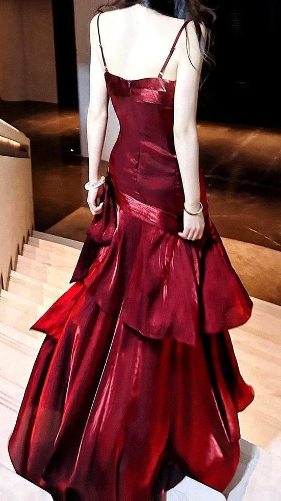 Fashion Burgundy Ruffle Long Prom Dress Spaghetti Straps Dance Dress