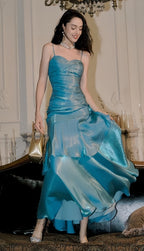 Fashion Burgundy Ruffle Long Prom Dress Spaghetti Straps Dance Dress