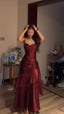 Fashion Burgundy Ruffle Long Prom Dress Spaghetti Straps Dance Dress