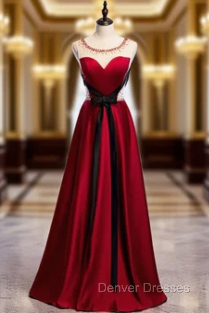 Fashion Burgundy Satin Beading Prom Dress With Black Sash Main image