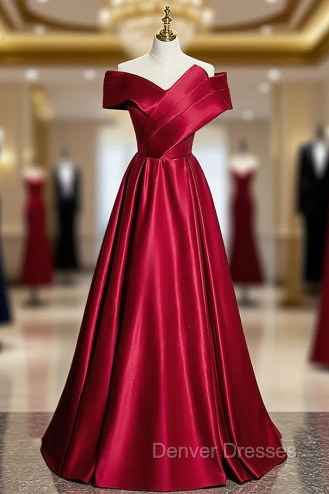 Fashion Burgundy Satin Off the Shoulder Pleats Prom Dress