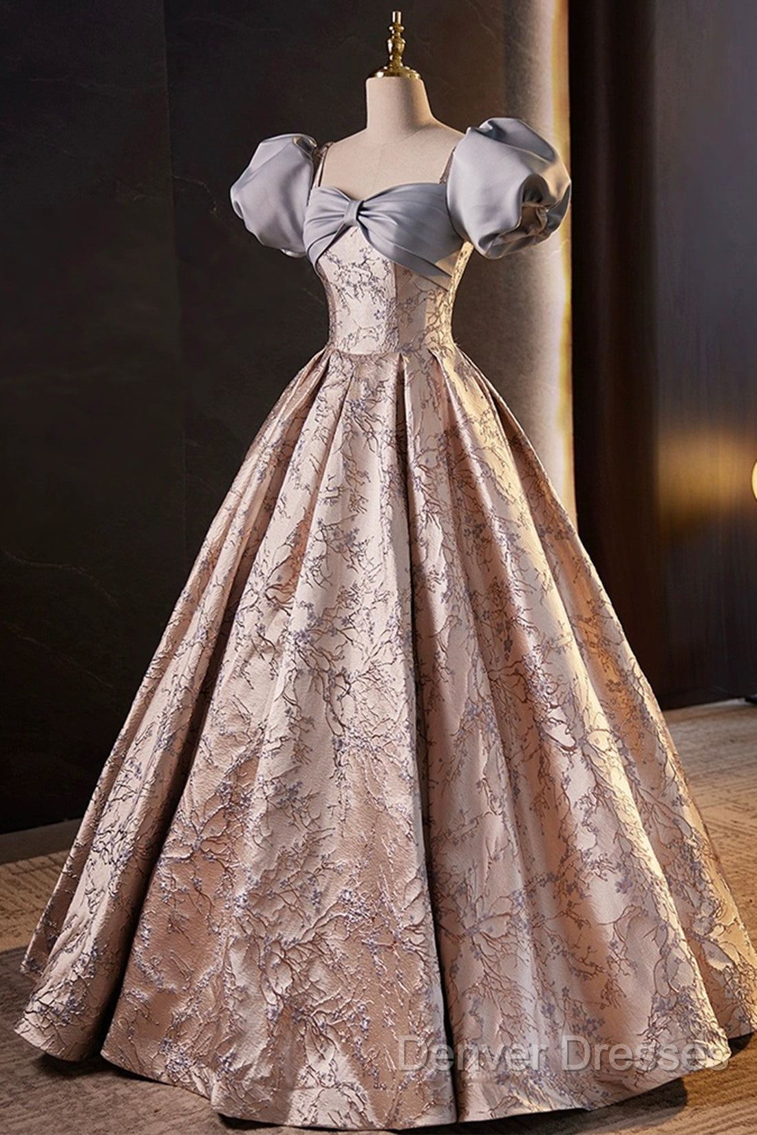 Fashion Floor-Length Printing Prom Dress, A-Line Short Sleeve Backless Evening Formal Dress Secondary image