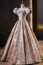 Fashion Floor-Length Printing Prom Dress, A-Line Short Sleeve Backless Evening Formal Dress