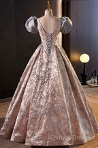 Fashion Floor-Length Printing Prom Dress, A-Line Short Sleeve Backless Evening Formal Dress
