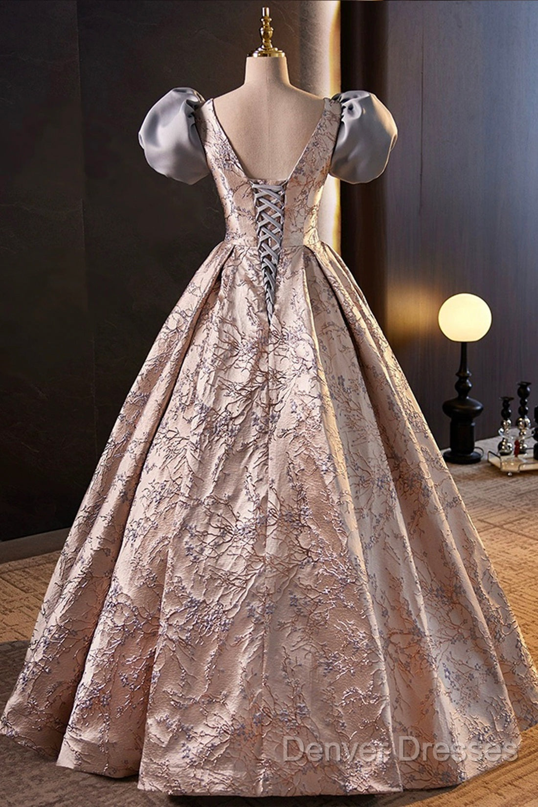 Fashion Floor-Length Printing Prom Dress, A-Line Short Sleeve Backless Evening Formal Dress