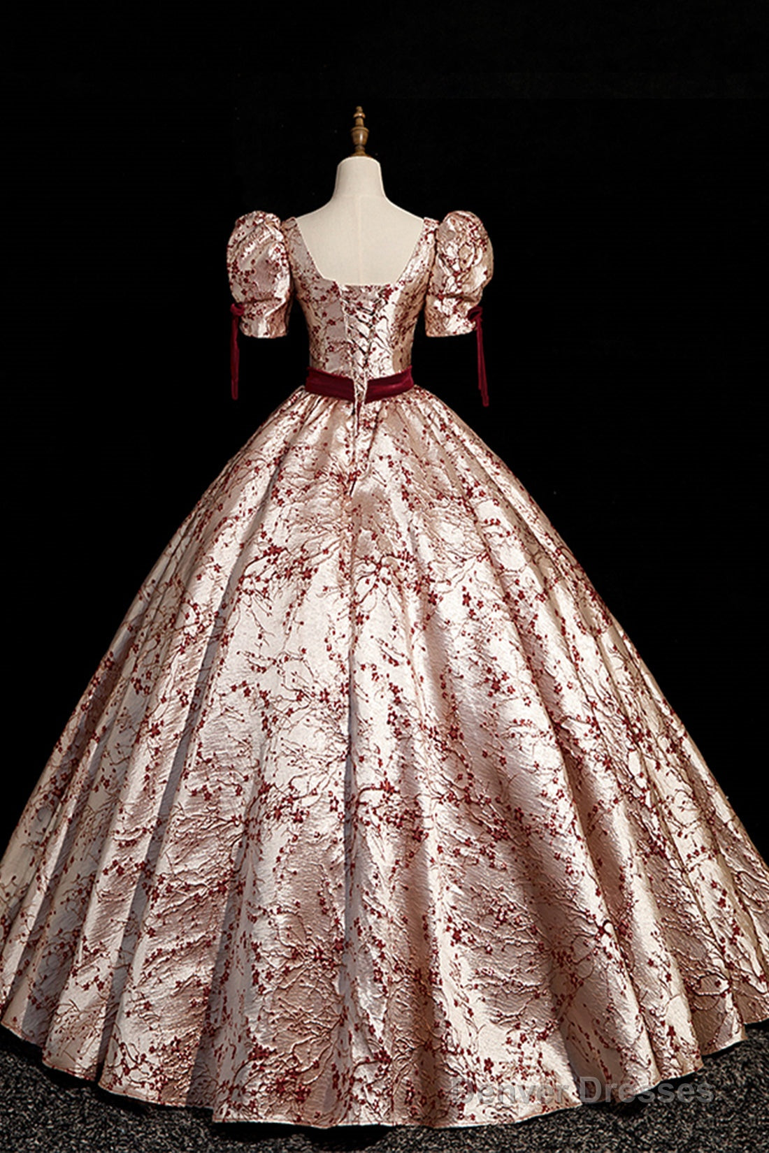 Fashion Floor-Length Printing Prom Dresses, Square Neckline Short Sleeve Backless Bow Sash Prom Formal Dresses