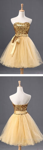 Fashion Gold Sequins Bow Sash Sweetheart Strapless Short Cute Homecoming Dress
