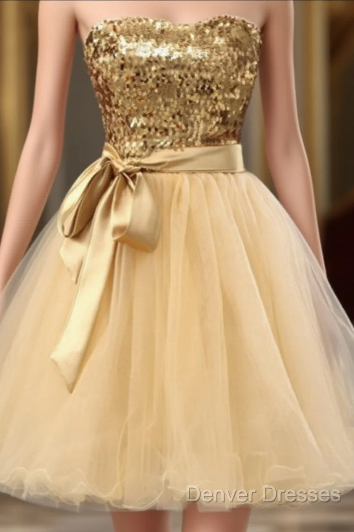 Fashion Gold Sequins Bow Sash Sweetheart Strapless Short Cute Homecoming Dress Main image