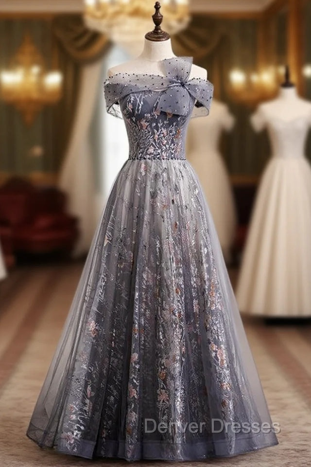 Fashion Gray Tulle Off the Shoulder Beading Prom Dress