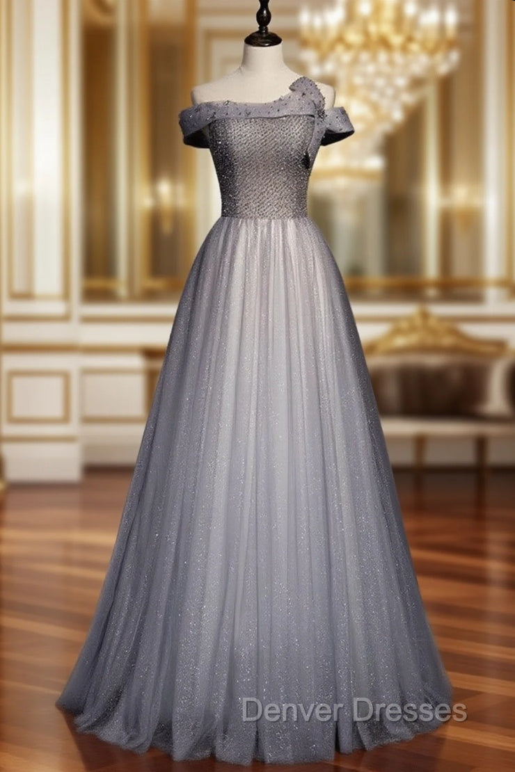 Fashion Gray Tulle Sequins Off the Shoulder Beading Prom Dress