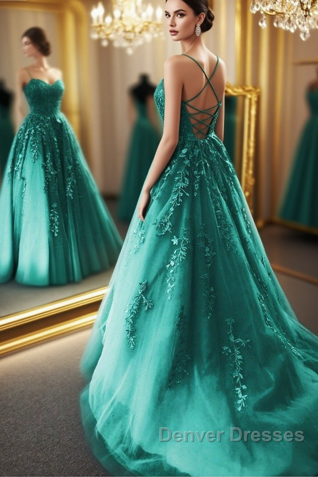 Fashion Green Lace Appliques Open Back Tulle Long Prom Dress, Green Lace Formal Dress, Green Evening Dress Main image