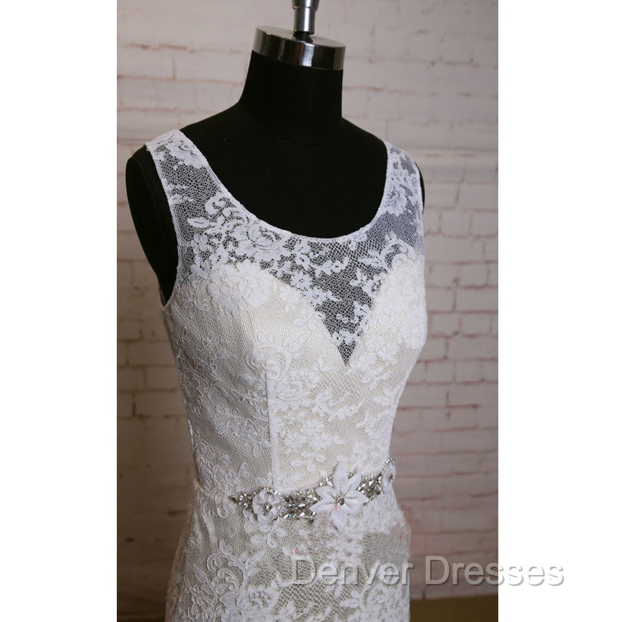 Fashion Ivory Lace Elegant Scoop Neck Open Back Vintage Column Sweep Trailing Wedding Dress, Secondary image