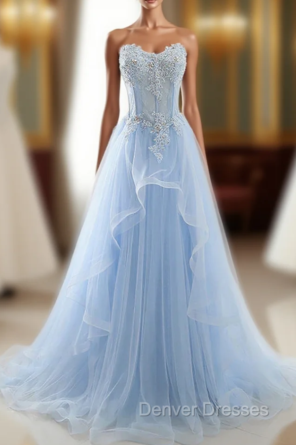 Fashion Light Blue Evening Dress Long Prom Dress A Line Off Shoulder Elegant Main image