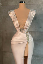 Fashion Long V-neck Split Front Mermaid Evening Prom Dress With Rhinestones