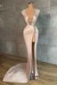 Fashion Long V-Neck Split Front Mermaid Evening Prom Dresses With Rhinestones