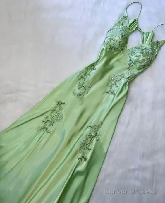 Fashion Mint Green Spaghetti Straps Lace Beaded Prom Dress Evening Party Gown Main image