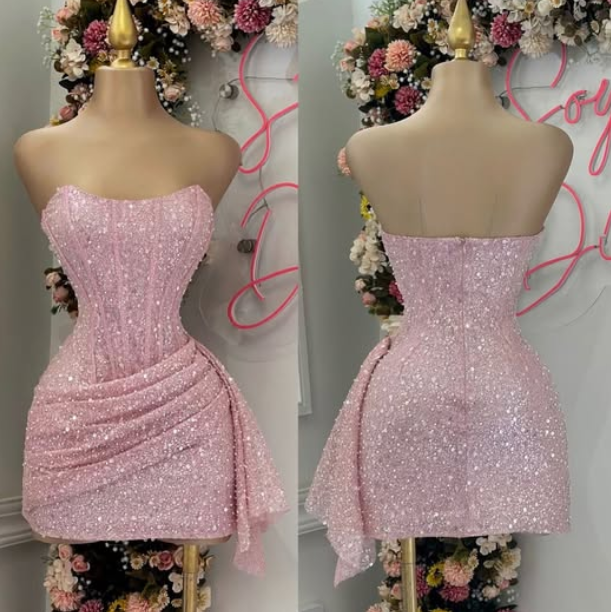 Fashion Pink Strapless Bodycon Short Prom Dress Glitter Sequin Homecoming Dress