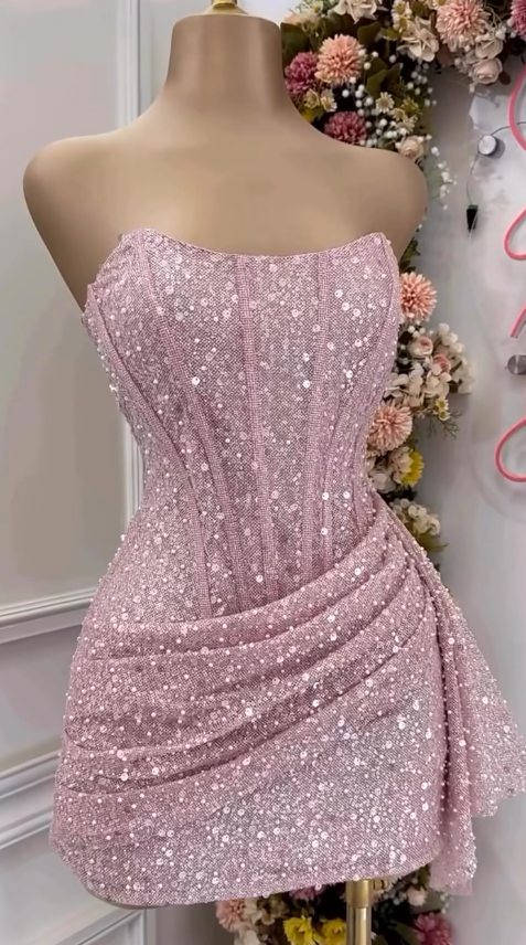 Fashion Pink Strapless Bodycon Short Prom Dress Glitter Sequin Homecoming Dress Main image