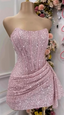 Fashion Pink Strapless Bodycon Short Prom Dress Glitter Sequin Homecoming Dress