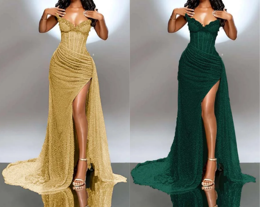 Elegant Strapless Shiny Beaded Sequin Long Prom Dress Formal Evening Dress With Slit