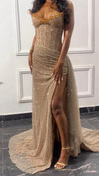 Elegant Strapless Shiny Beaded Sequin Long Prom Dress Formal Evening Dress With Slit