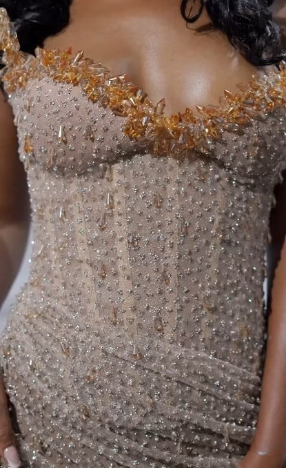 Elegant Strapless Shiny Beaded Sequin Long Prom Dress Formal Evening Dress With Slit