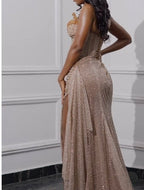 Elegant Strapless Shiny Beaded Sequin Long Prom Dress Formal Evening Dress With Slit