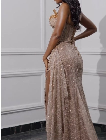 Elegant Strapless Shiny Beaded Sequin Long Prom Dress Formal Evening Dress With Slit