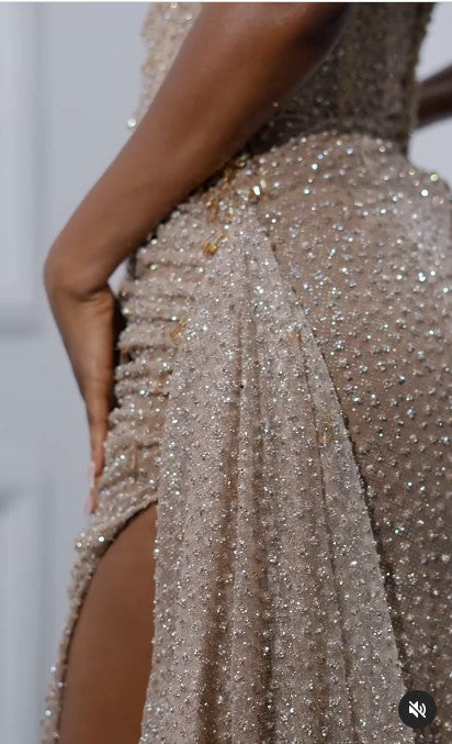 Elegant Strapless Shiny Beaded Sequin Long Prom Dress Formal Evening Dress With Slit